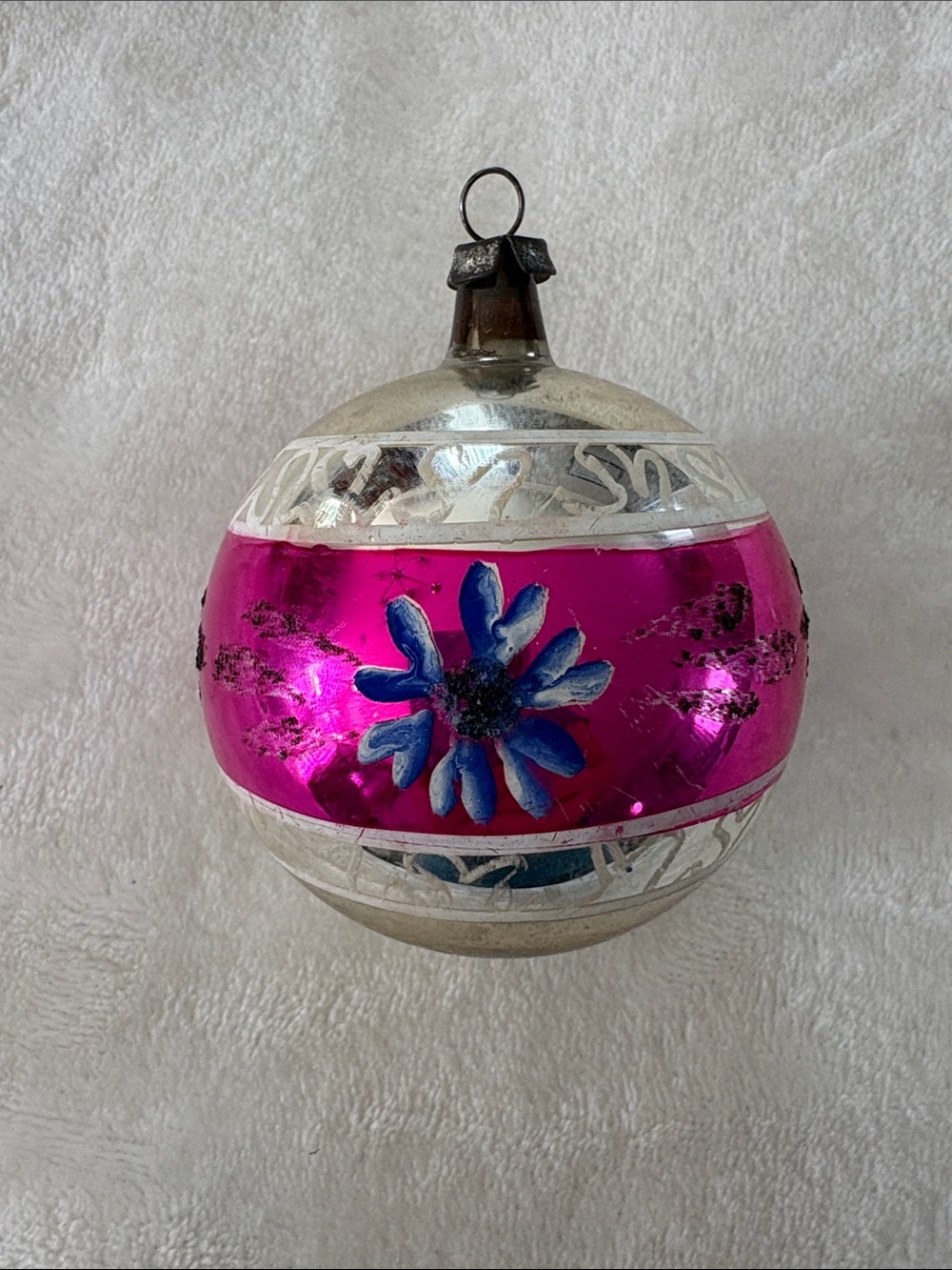 VTG POLAND Hand Painted GLASS CHRISTMAS ORNAMENT Fuchsia Pink FLOWER 3"